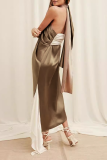 Sleeveless Colorblock Irregular Hem Halter Crossover Vacation Chiffon Loose Maxi Dresses