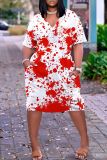 Casual Graphics Print Basic V Neck Short Sleeve Loose Pockets Midi T-Shirt Dress