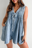 Casual V Neck Sleeveless Loose Pocket Lace Up Vacation Pleated Loose Denim Jumpsuits