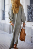Casual Buckle V Neck Long Sleeve Ankle Length Loose Vacation A Line Linen Shirt Dress