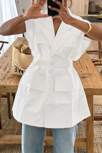 Casual Turn-back Collar Sleeveless Bandage Pocket Buttons Loose Fitting Linen Blouse