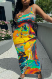 Sleeveless Casual Graphics Print Backless Spaghetti Strap Long Bodycon Maxi Slip Dress