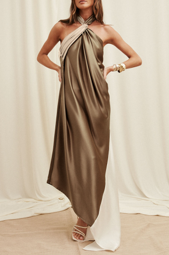 Sleeveless Colorblock Irregular Hem Halter Crossover Vacation Chiffon Loose Maxi Dresses