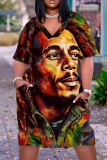 Causal Figure Print Basic V Neck Short Sleeve Loose Pockets Midi T-Shirt Dress