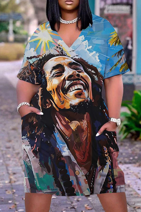 Causal Figure Print Basic V Neck Short Sleeve Loose Pockets Midi T-Shirt Dress
