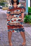 Casual Graphics Print Basic V Neck Short Sleeve Loose Pockets Midi T-Shirt Dress