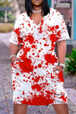 Casual Graphics Print Basic V Neck Short Sleeve Loose Pockets Midi T-Shirt Dress