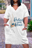 Casual Skull Letter Print V Neck Short Sleeve Pocket Plus Size T-shirt Midi Dresses