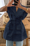 Casual Turn-back Collar Sleeveless Bandage Pocket Buttons Loose Fitting Linen Blouse