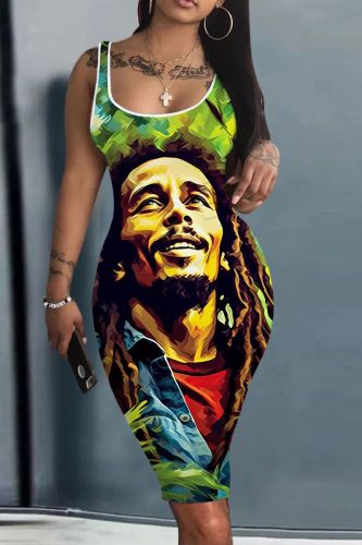 Casual Figure Print U Neck Sleeveless Bodycon Midi Tank Dresses
