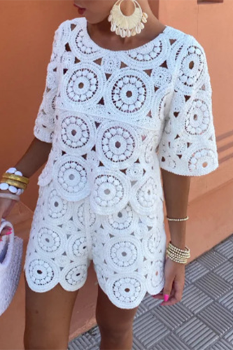 Flower Knitted O Neck Short Sleeve Blouse And Shorts Hollow Out Vacation Two Pieces Shorts Sets