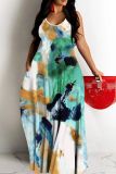 Graphics Print Backless Spaghetti Strap Floor Length Vacation Baggy Sundress Slip Maxi Dress