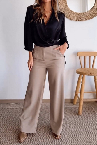 Fromal V Neck Long Sleeve Buttons Blouse And Pocket Straight Leg Pants Office Lady Two Pieces Trouser Sets
