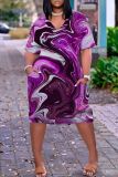 Casual Graphics Print Basic V Neck Short Sleeve Loose Pockets Midi T-Shirt Dress