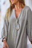 Casual Buckle V Neck Long Sleeve Ankle Length Loose Vacation A Line Linen Shirt Dress