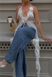 Flower Decor Sleeveless Backless Irregular Ruffle Trim Cut Out Lace Up Mesh Belted Vacation Halter Tops