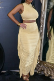 Half A Turtleneck Sleeveless Hollow Out Lace Up Ruched Tank Crop Tops And Fringe Trim Maxi Skirt Vacation Two Pieces Dress Sets