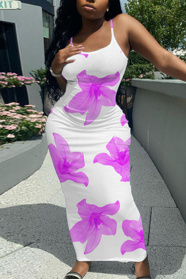 Sleeveless Casual Graphics Print Backless Spaghetti Strap Long Bodycon Maxi Slip Dress