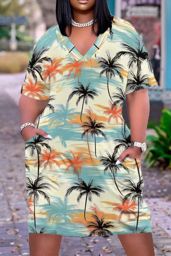 Tropical Print V Neck Short Sleeve Pockets Plus Size Striaght Loose T-shirt Midi Dresses