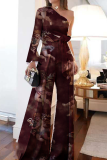Formal One Shoulder Single Long Sleeve Lace Up Blouse And Wide Leg Pants Office Lady Two Pieces Suit Sets