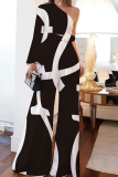 Formal One Shoulder Single Long Sleeve Lace Up Blouse And Wide Leg Pants Office Lady Two Pieces Suit Sets