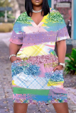 Casual Graphics Print Basic V Neck Short Sleeve Loose Pockets Midi T-Shirt Dress