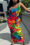Sleeveless Casual Graphics Print Backless Spaghetti Strap Long Bodycon Maxi Slip Dress