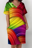 Rainbow Stripe Print V Neck Short Sleeve Pockets Plus Size Striaght Loose T-shirt Midi Dresses