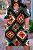 Casual Geometric Print Pocket V Neck Shorts Sleeves Plus Size Straight Baggy T Shirt Midi Dress
