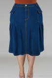 Pocket Buttons Ruched Zipper Straight Plus Size Pleated Denim Midi Skirt