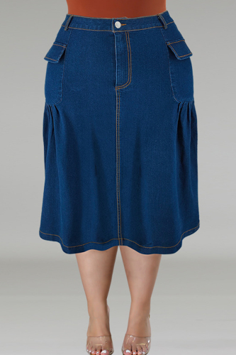 Pocket Buttons Ruched Zipper Straight Plus Size Pleated Denim Midi Skirt