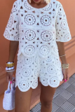 Flower Knitted O Neck Short Sleeve Blouse And Shorts Hollow Out Vacation Two Pieces Shorts Sets