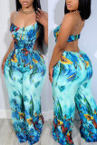 Tropical Colorblock Print Spaghetti Strap Cut Out Vacation Wide Leg Cami Jumpsuits