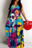 Graphics Print Backless Spaghetti Strap Floor Length Vacation Baggy Sundress Slip Maxi Dress
