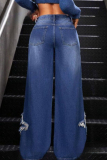 Casual Pocket Buttons Zipper Mid Waist Loose Distressed Wide Leg Ripped Denim Jeans