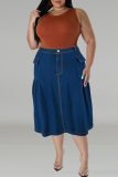 Pocket Buttons Ruched Zipper Straight Plus Size Pleated Denim Midi Skirt