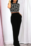 Casual Geometric Print O Neck Short Sleeve Pocket Crop T-Shirt And Straight Leg Pants Two Pieces Tourser Sets