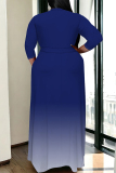 Gradient Print V Neck 3/4 Sleeve Lace Up With Belt Vacation Plus Size Pleated Maxi Dresses