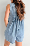 Casual V Neck Sleeveless Loose Pocket Lace Up Vacation Pleated Loose Denim Jumpsuits