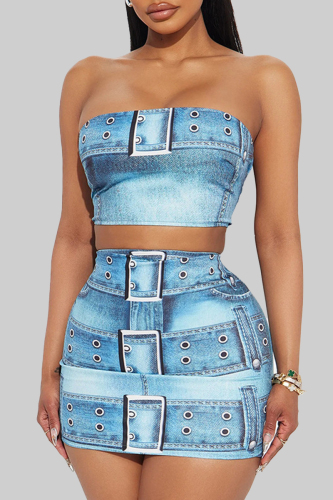 Sexy Denim Color Print Backless Strapless Sleeveless Tube Crop Tops And Mini Skirt Two Pieces Dress Sets