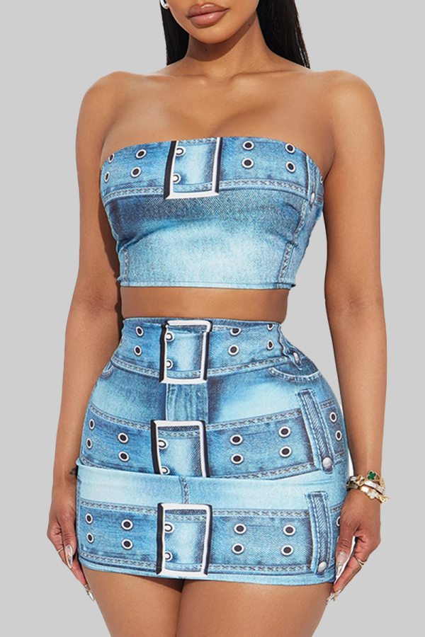 Sexy Denim Color Print Backless Strapless Sleeveless Tube Crop Tops And Mini Skirt Two Pieces Dress Sets