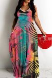 Graphics Print Backless Spaghetti Strap Floor Length Vacation Baggy Sundress Slip Maxi Dress