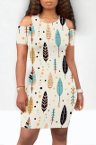 Casual Leaf Print O Neck Short Sleeve Cold Shoulder Vacation Bodycon Mini Dresses