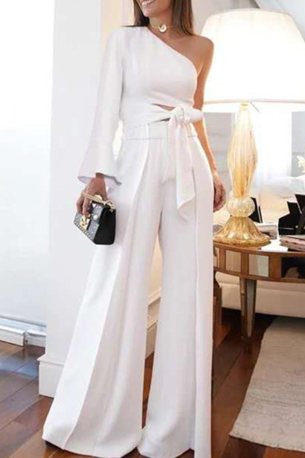 Formal One Shoulder Single Long Sleeve Lace Up Blouse And Wide Leg Pants Office Lady Two Pieces Suit Sets