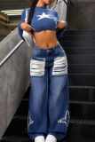 Casual Pocket Buttons Zipper Mid Waist Loose Distressed Wide Leg Ripped Denim Jeans
