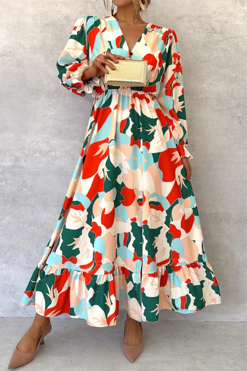 Sexy Vacation Floral Print Ruffle V Neck Long Dresses