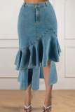 Buttons Zipper Ruffled Tiered Hem Wrapped Skirt Front Slit Distressed Plus Size Denim Midi Skirt