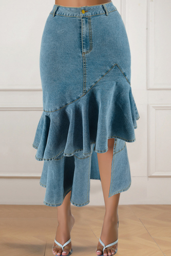 Buttons Zipper Ruffled Tiered Hem Wrapped Skirt Front Slit Distressed Plus Size Denim Midi Skirt