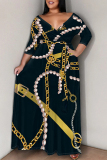 Graphics Print V Neck Three Quarter Lace Up Vacation Plus Size Loose Maxi Shirt Dresse