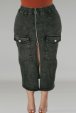 Casual Pocket Zipper Wrapped Skirt Front Slit Distressed Plus Size Denim Midi Skirt